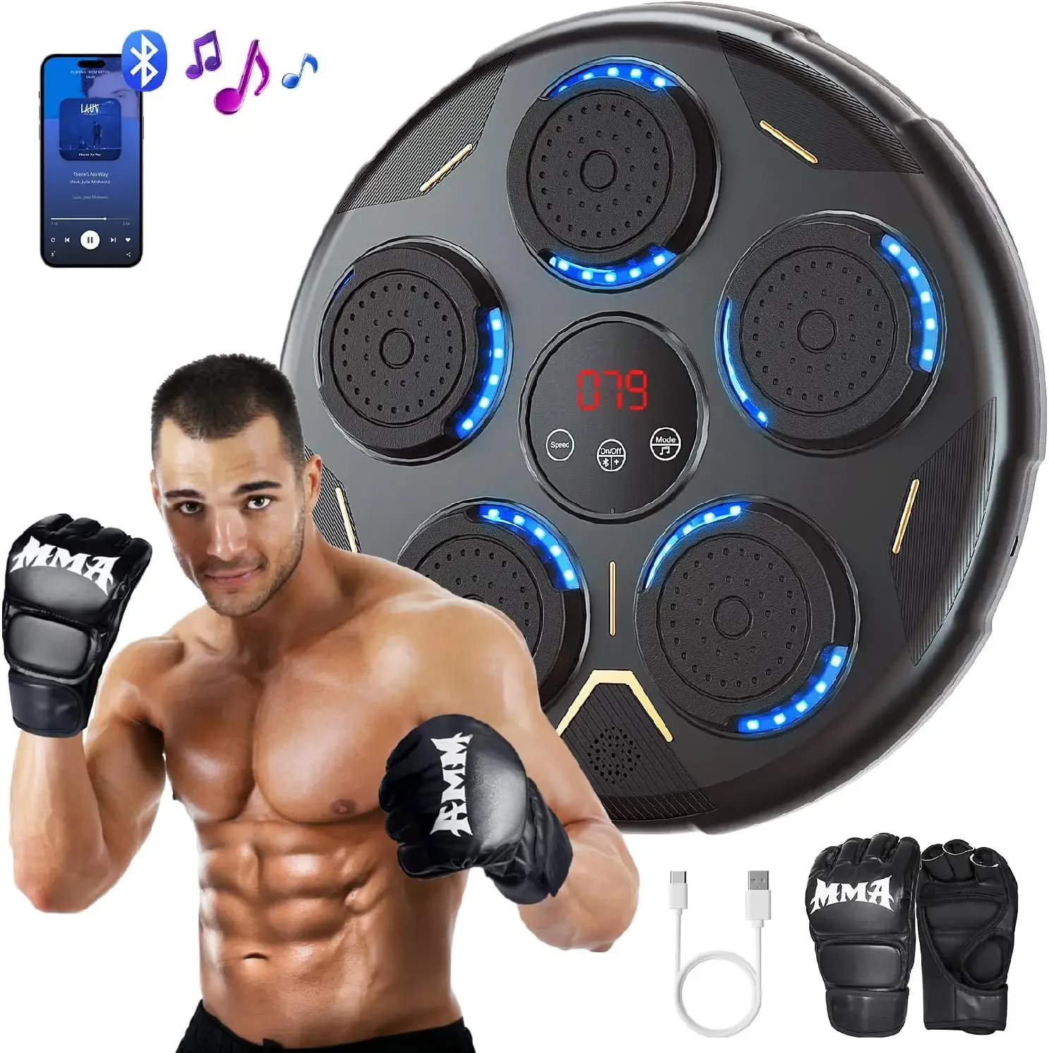 Wellshow Music Boxing Machine with Boxing Gloves Wall Mounted Smart Bluetooth  Trainer Electronic Boxing Target Workout
