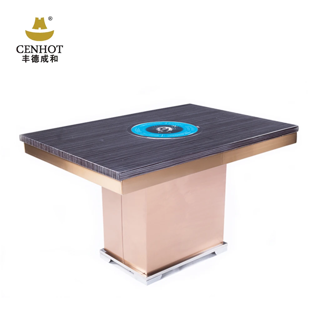 Cenhot Commercial Modern Wooden Granite Marble BBQ Grill And Hot Pot Table For Restaurant