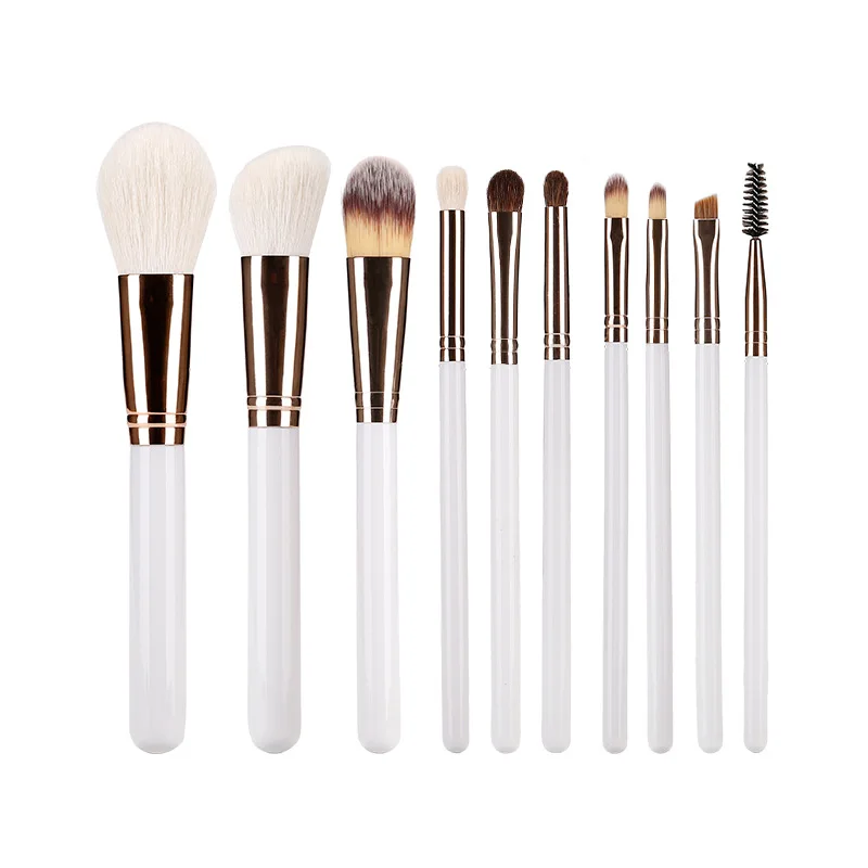 Professional White Wooden Makeup Brushes 10 Piece Natural Hair Makeup Brush Set