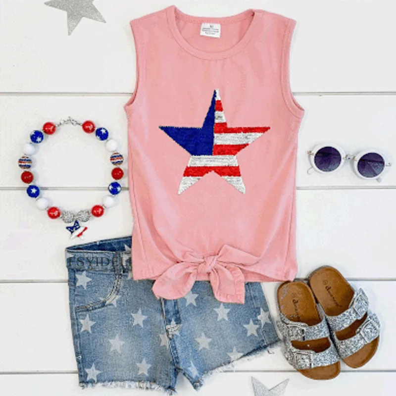 Girls Heart Star Sunflower Independence Day Tank Top Short Sleeve T-shirts with Washed Denim Jeans Shorts 4th of July Outfit