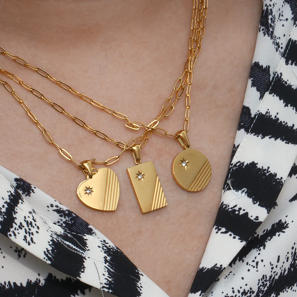 Wholesale Trendy 18k Gold Stainless Steel Oval Chain Women Jewelry Stripe Pattern Zircon Square Heart Circle Pendant Necklace