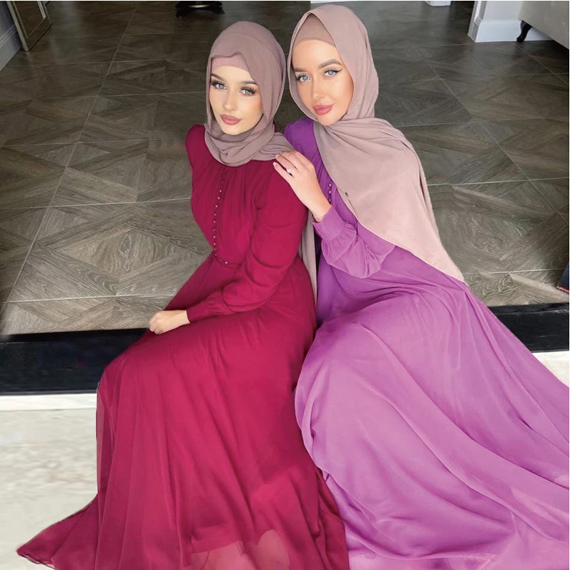 Top sell wrinkle crepe Dubai Women Muslim Dress Clothing Long Sleeves Round Collar Solid Color indian & pakistani clothing