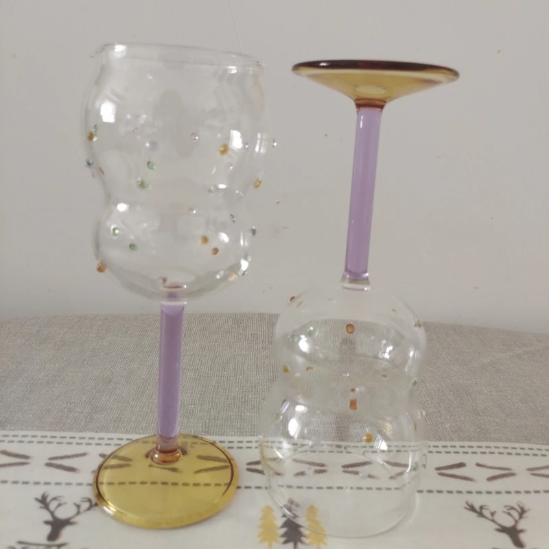 New Design Star Round Colorful Dot Wine Glasses Thin Purple Stem Drinking Glassware Red Wine Goblet with Yellow Base Party