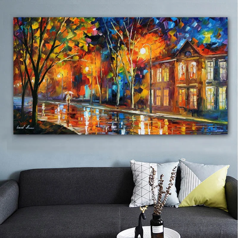 Romantic Canvas Painting Landscape Walking In Rain Road Palette Knife Oil Paintings