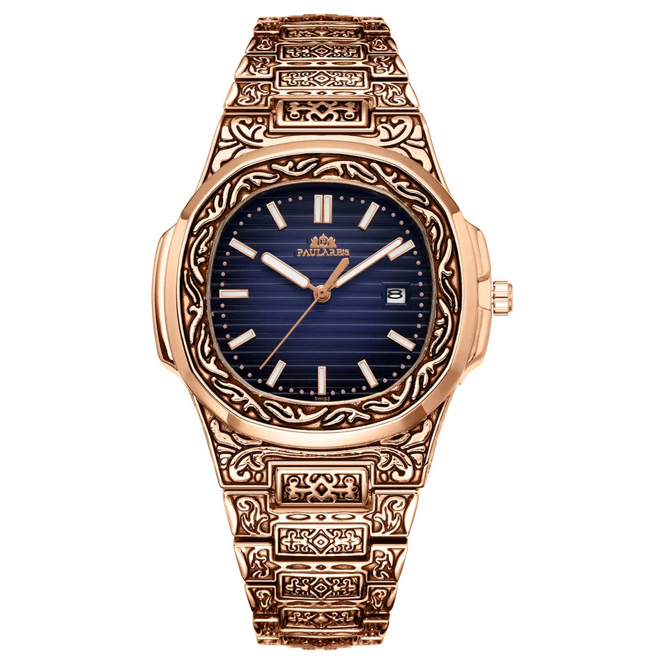 Paulareis Men  Luxury Watch Antique Vintage Luminous  Silver Gradient Blue Grey Fashion Quartz Watches