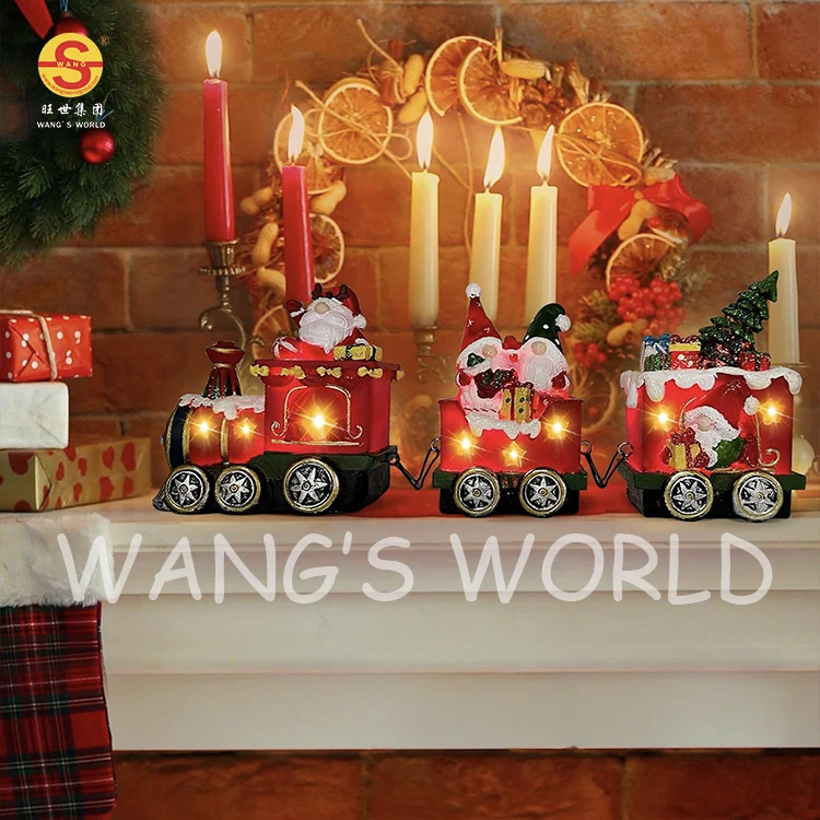 Christmas Tabletop Decorations LED Lights Gingerbread Train Resin Christmas Snowman Figurine Decoration LED Lights