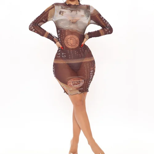 trendy ladies clothes autumn 2021 Slim Sexy Dresses see through look printed money dollar pattern