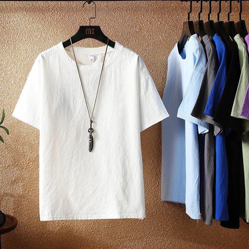 
New Mens Summer Breathable Linen T shirts Male Vintage short sleeve T-shirt Linen O-Neck T-shirt Tops Plus Size 5XL 