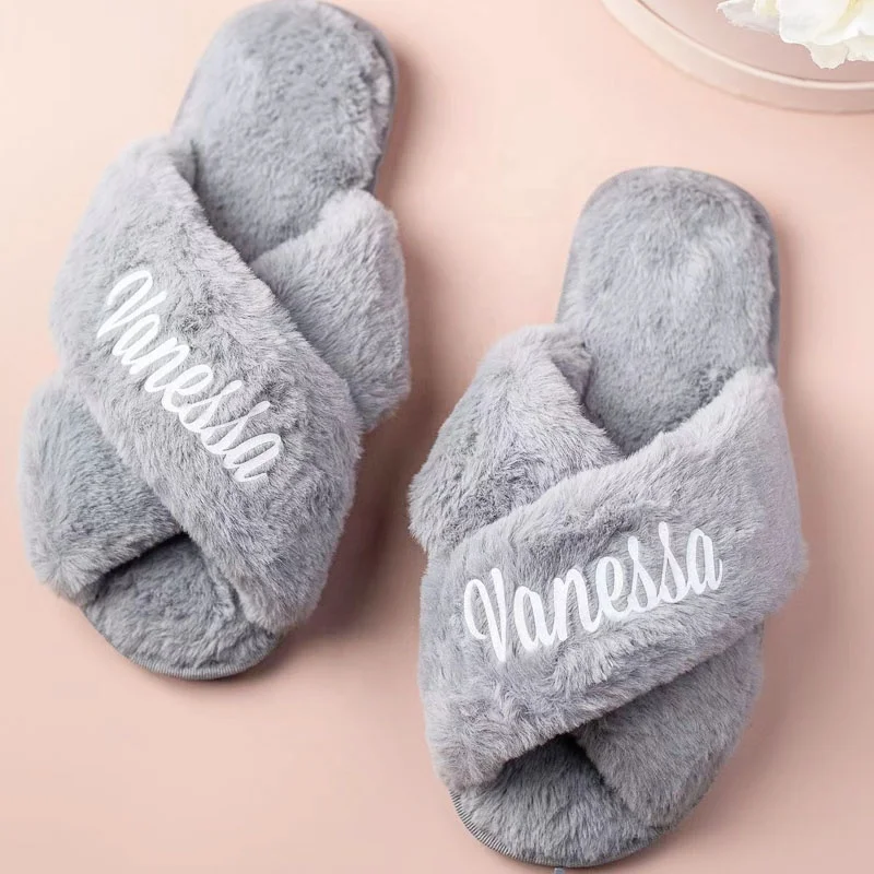 Customized Glitter Text  Plush Flurry Slippers For Wedding Bride Bridesmaid Proposal