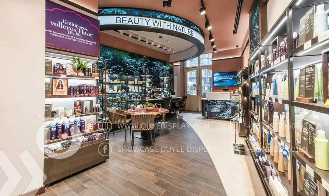 Custom Wood Showcase for Cosmetic Store Perfume Display Glass Shelves And Lockable Counter With Drawer and Storage