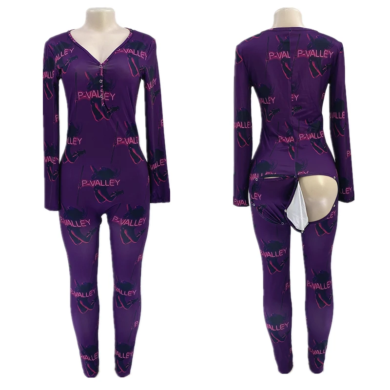 Custom plus size sexy p valley onesie wap onesie with butt flap long sleeve onesie for women with butt flap