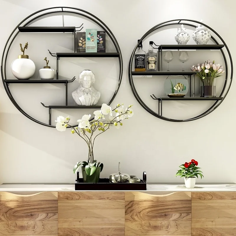 Wholesale Nordic Chinese Traditional Round Living Room Background Display Rack Art Decorative Metal Iron Storage Wall Shelf