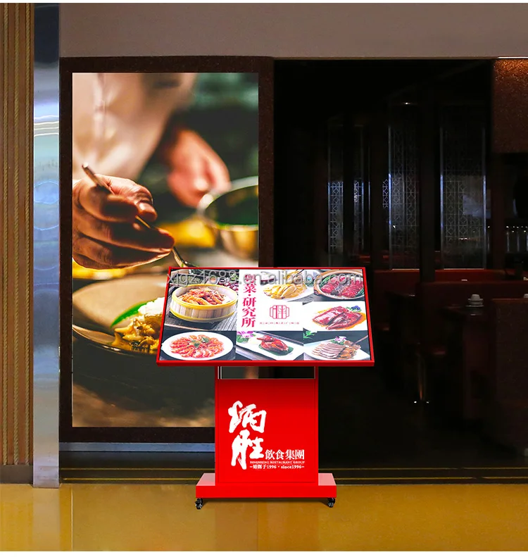 Customized Led Vertical Dining Order Brand Floor Light Single Item Menu Display Shelf