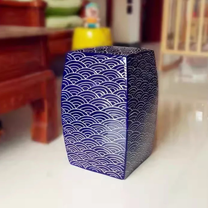 Hand Carved Ceramic Blue Dressing Stool Porcelain Shoes Changing Stool Square Ceramic Stools