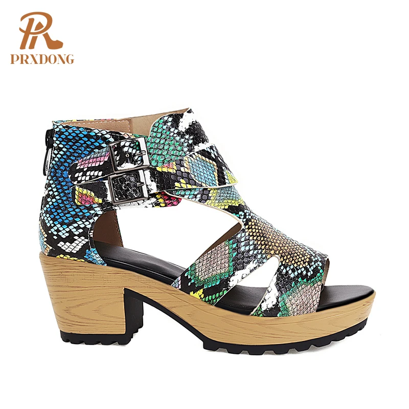 
Summer Autumn Women Open Toe Casual Pumps Snake Pattren Mixed Color Female Sandals High Heels Platform Shoes Buckle Zip Big Size 