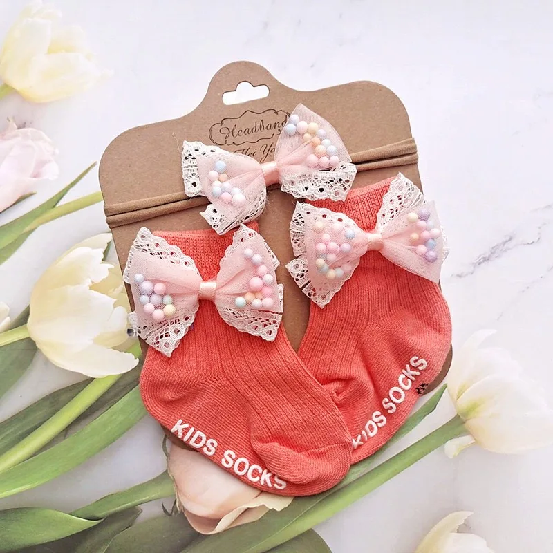 Fashion Sports Baby Cute Gift Elastic Nylon Cotton Lace Sweet Big Bow Newborn Kids Baby Girl Infant Pink Socks And Headband Set