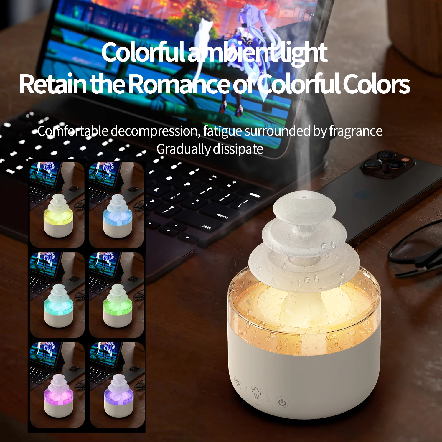 Mushroom Rain Humidifier Water Drop Cloud Essential Oil Diffuser For Home Aroma Bedroom Night Light Waterfall Lamp Humidifier