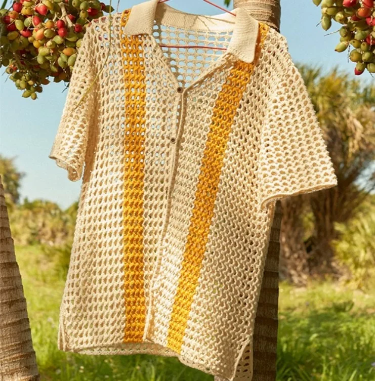 Custom Design Mens Summer Hollow Out Button Up Knit Sweater Short Sleeve Cardigan Knitwear Polo T-shirt Knitted Crochet Shirt