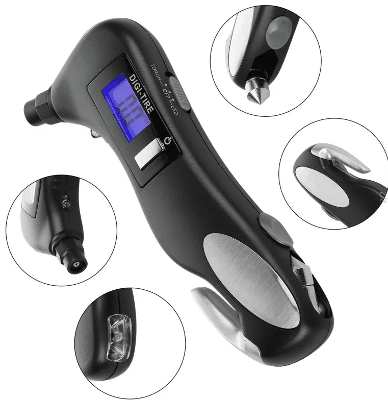 Multi-functional 4 in 1 TY005 Digital Tire Pressure Gauge With Flashlight Tyre Gauge Windows Breaker Cutter Belt Emergency Tool