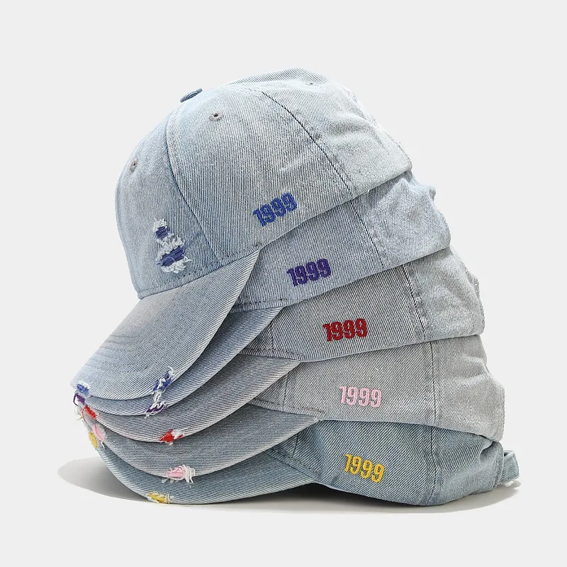 OEM embroidery washed 6 panel baseball cap custom logo distressed dad hat denim