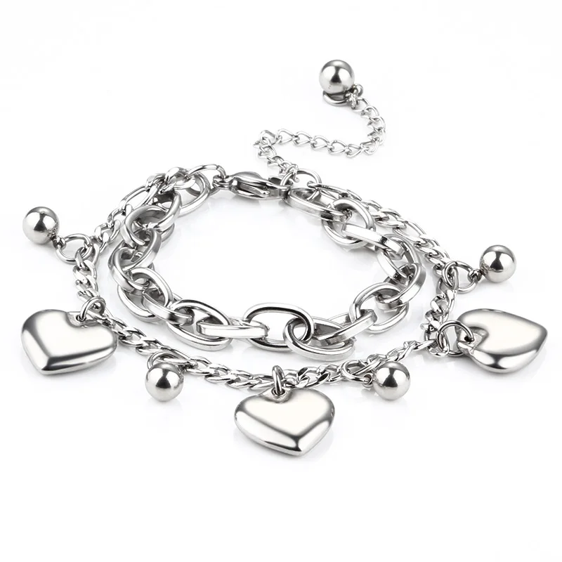 Adjustable Stainless Steel Bracelet with Heart & Beads Elements Unisex DIY Jewelry Accessory & Findings for Gift
