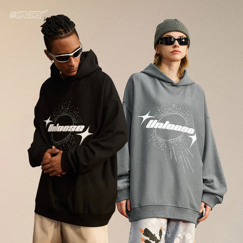 Rhinestone Hot Drilling Foaming Heavy Weight 390g Cotton Sweater Oversize Loose Fit Sweatshirt for Men and Women