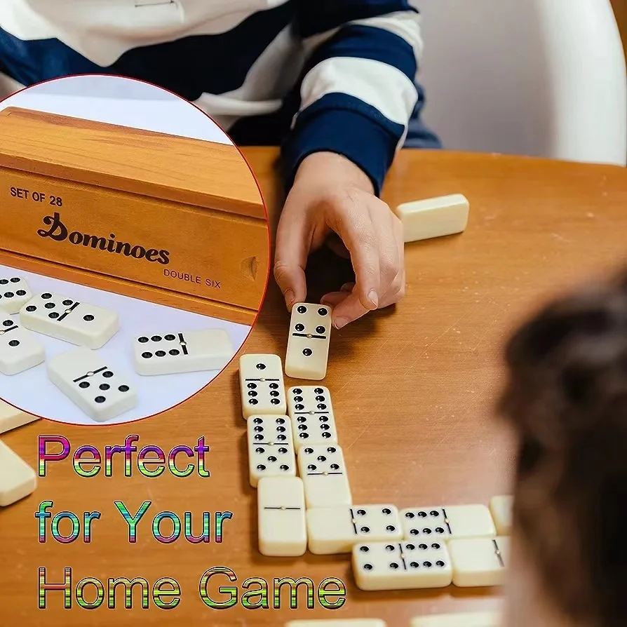 Domino Set for Classic Board Games - Dominoe Double 6 for Family Games - Double Six Standard Domino Set 28 Tiles in wooden box