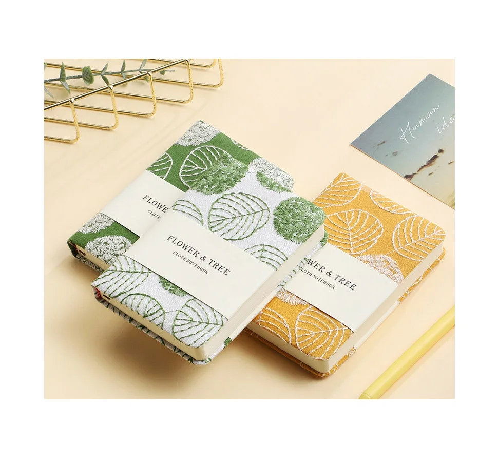 Wholesale A6 Embroidered Leaves Fancy Fabric Soft Sponge Interlayer Cloth Hardcover Notebook Eco Friendly