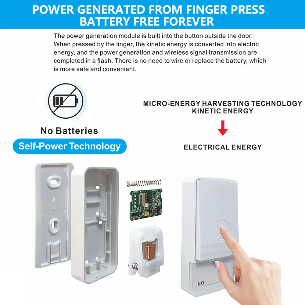 XINHUI digital Self-Generated wireless doorbell Self-Electric door chime kinetic selfpowered doorbell