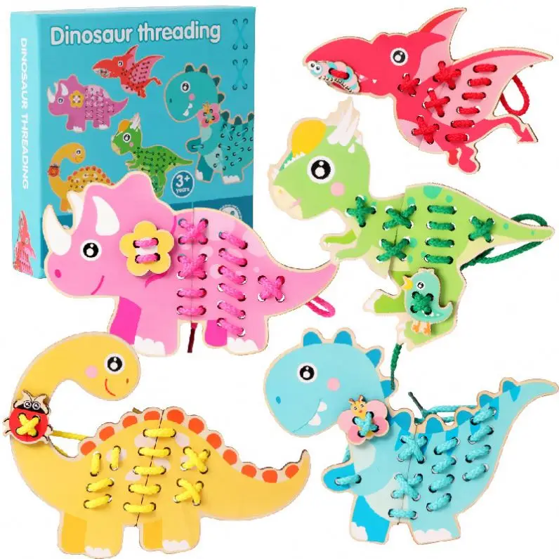 Kids Wooden Cartoon Animal Dinosaur Lacing Montessori Toy Wooden Threading Board Early Learning Educational Toys for Toddlers