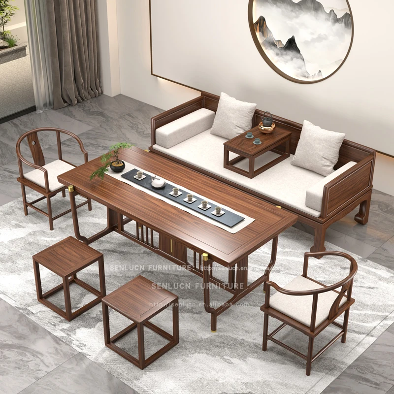 Wujinmu Arhat Bed, Tea Table and Chair Combination, Solid Wood Tea Room,living Room, New Chinese Style Sofa Bed,white Wax Wood,