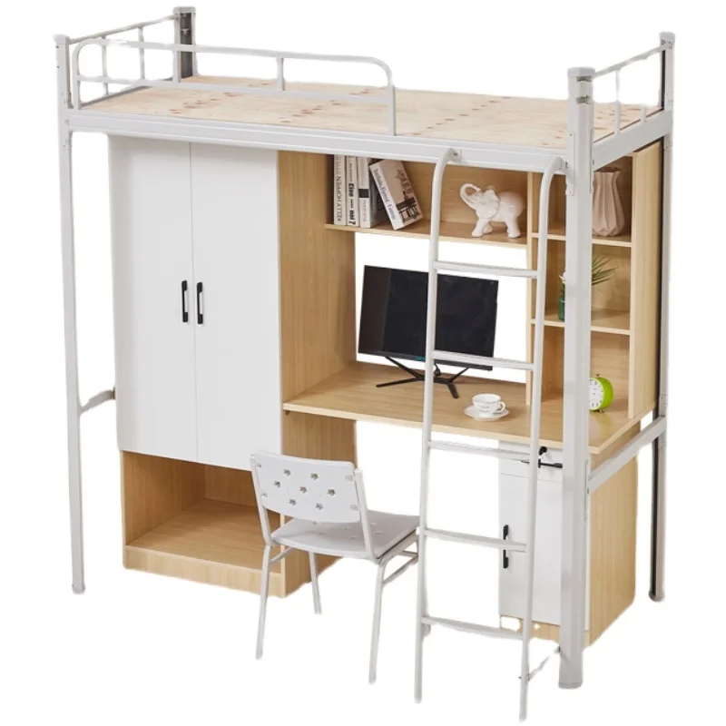 Double-layer iron frame student staff steel-wood double apartment single bunk bed