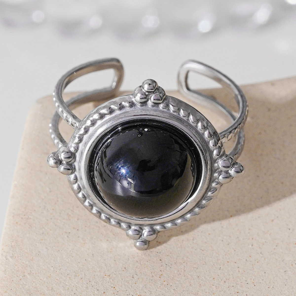 Retro light Luxury S925 silver stainless steel set round black natural stone opening adjustable ring suitable for women