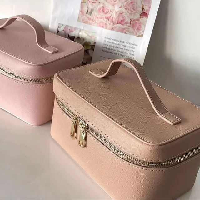 Ladies saffiano leather travel toiletry case portable handle makeup vanity box dopp kit cosmetic bag