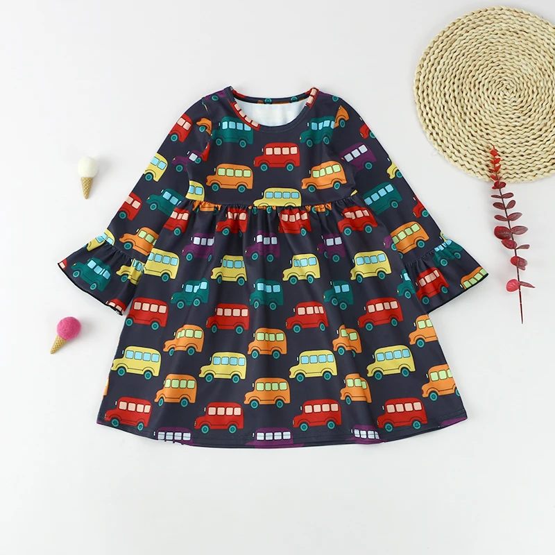 A1-LYQ-2104023 Customized Cartoon Cars Full Printed girl baby frocks party wear