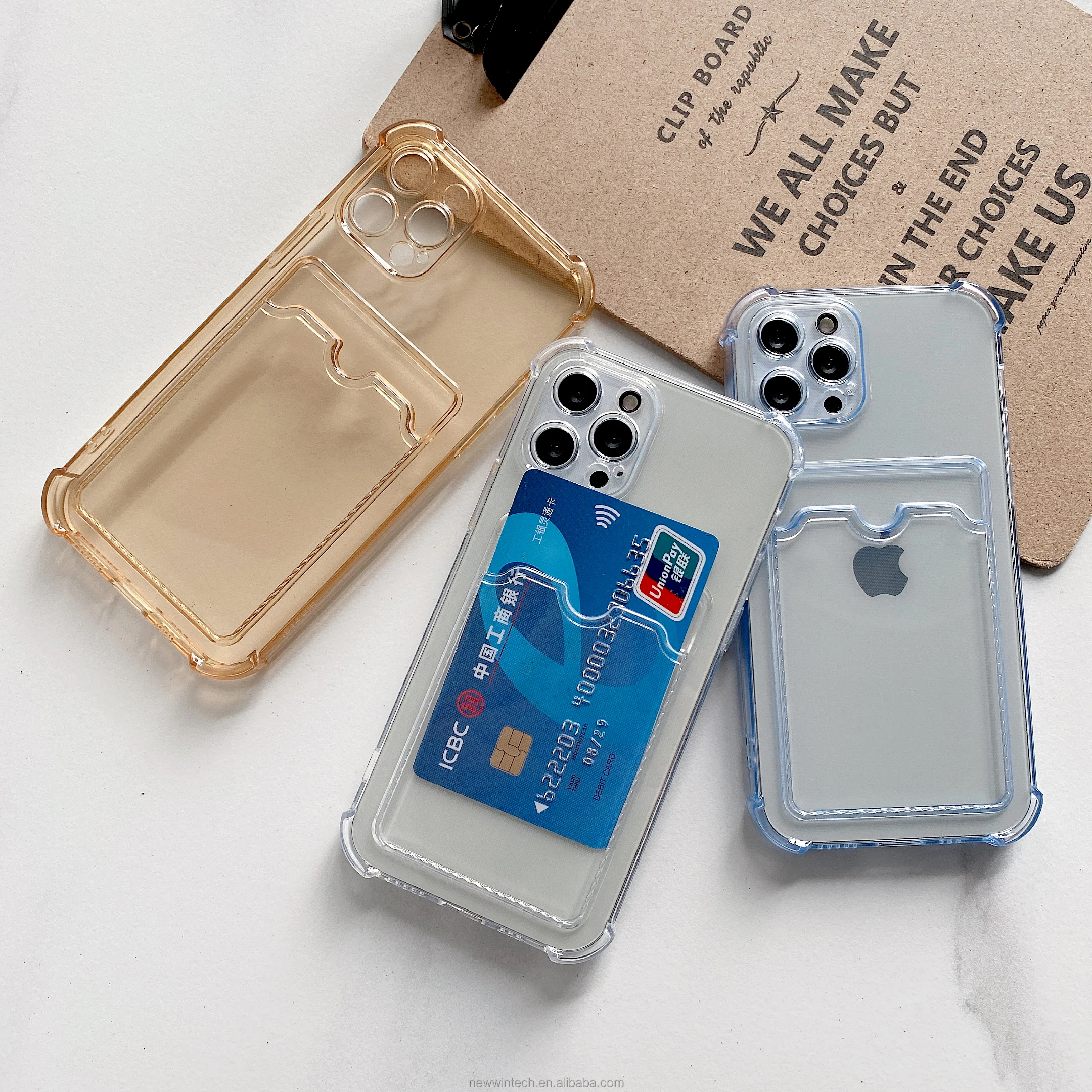 Card Holder Wallet iPhone case Transparent Pocket Slot Bumper TPU case for iPhone 14 13 12 11 pro max XR XS max 7/8 plus