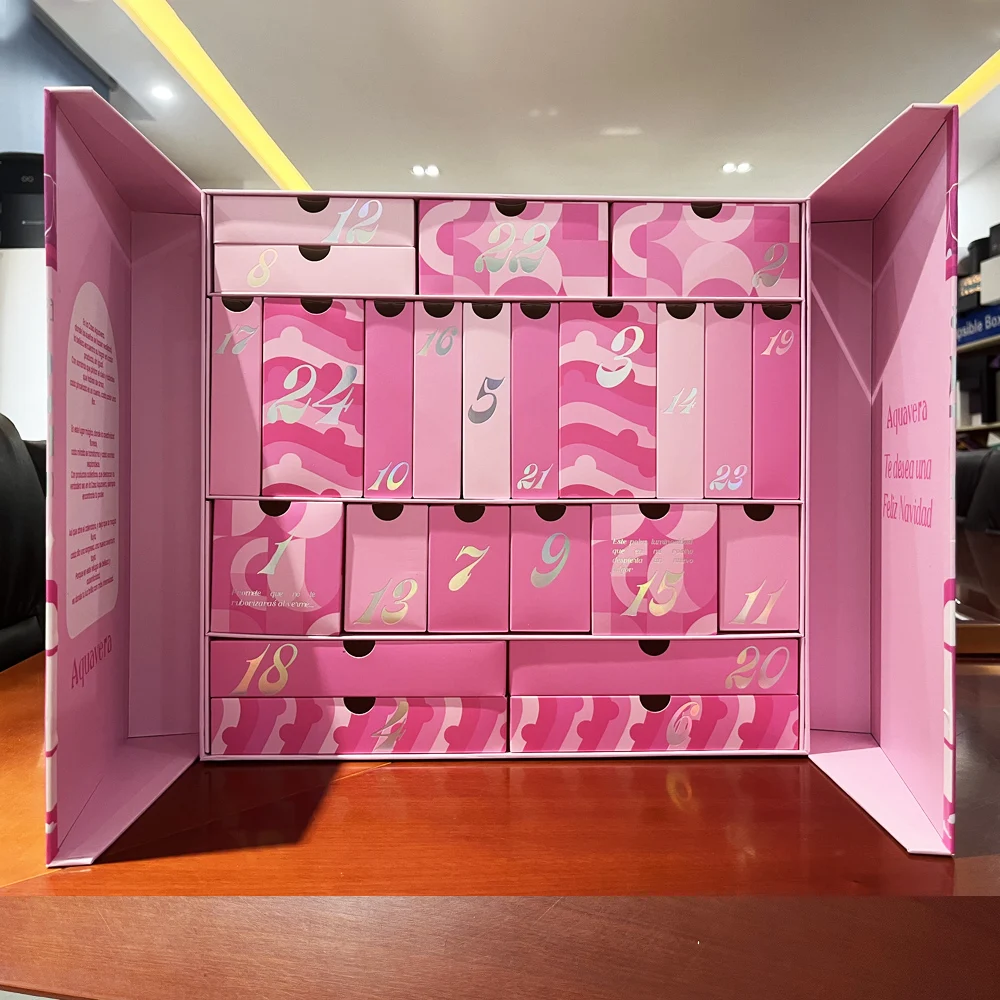 Empty Luxury Printed Logo Small Pink Cardboard Box Custom 24 Days Countdown Advent Calender Box