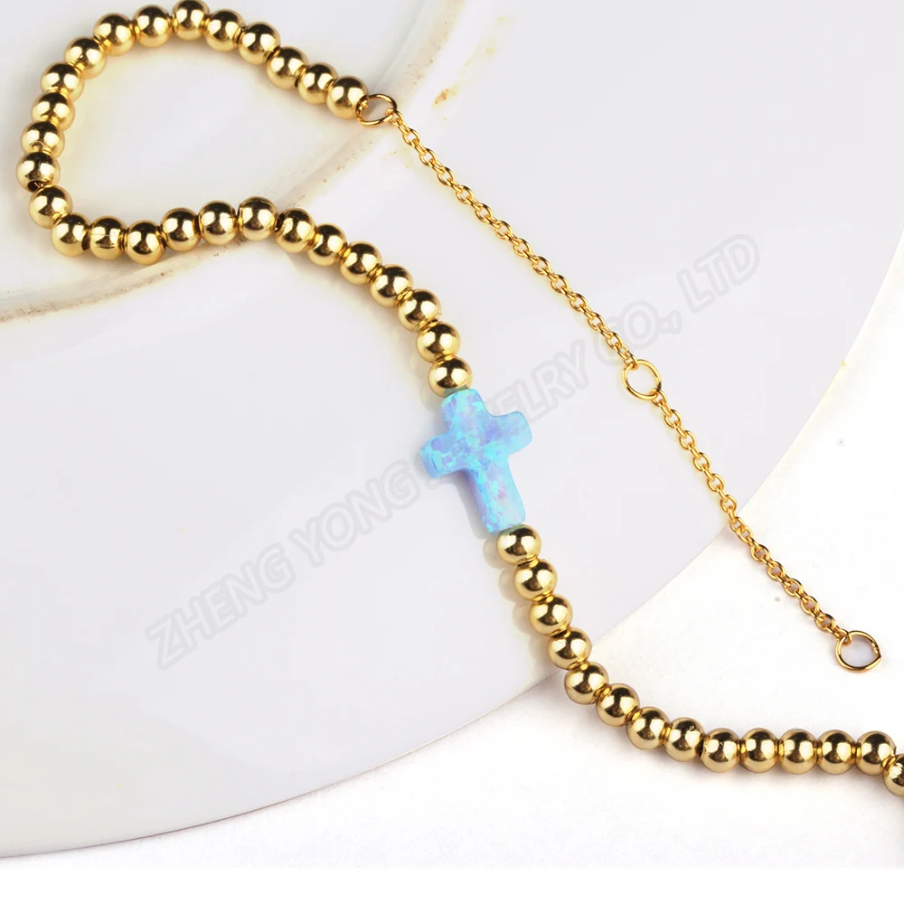Стильный синий крест камень ювелирные изделия 925 серебряный браслет с бисером 16 см синтетический опал горячая Распродажа светло-голубой браслет с крестом