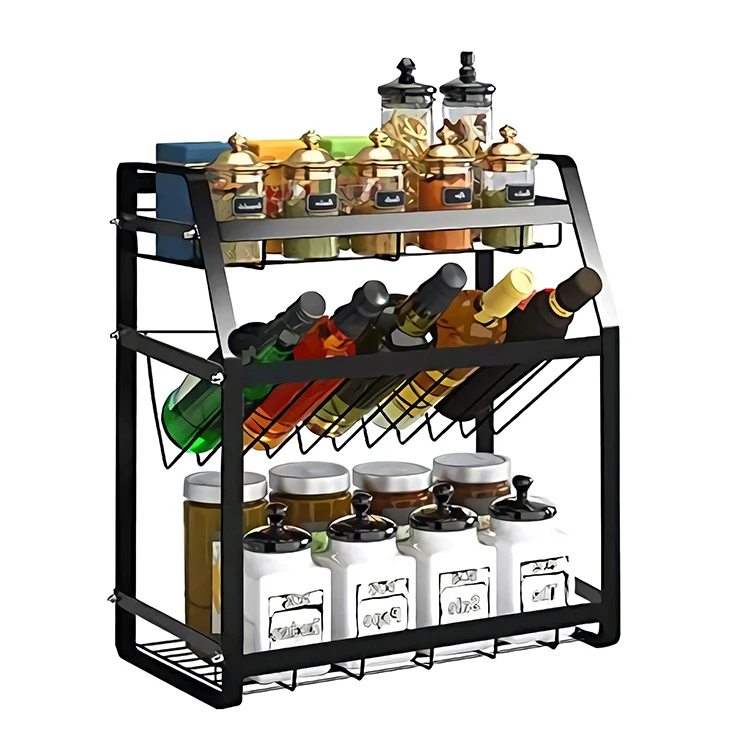 Multifunctional household black 3-layer metal vertical condiment rack kitchen countertop metal spice bottle storage rack