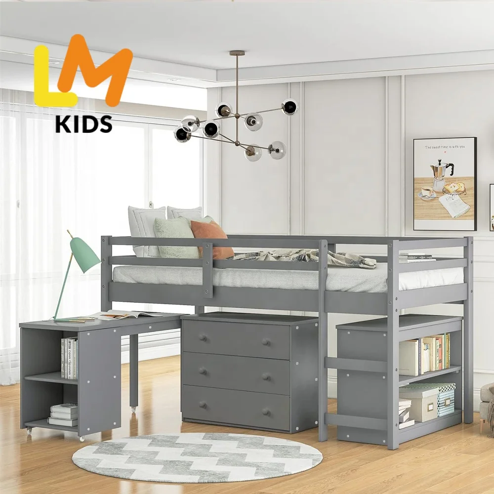 LM KIDS  bedroom sets latest wooden bed designs Portable Desk  Loft Bed Wood Loft Bed Frame with Storage Cabinet