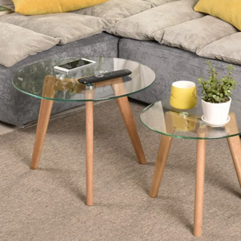 Three Wood Legs Glass Coffee Table For Home Living Furniture
