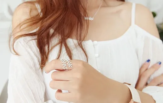 925 Sterling Silver Ring leaf inlaid diamond opening Korean sterling silver jewelry adjustable in two colors