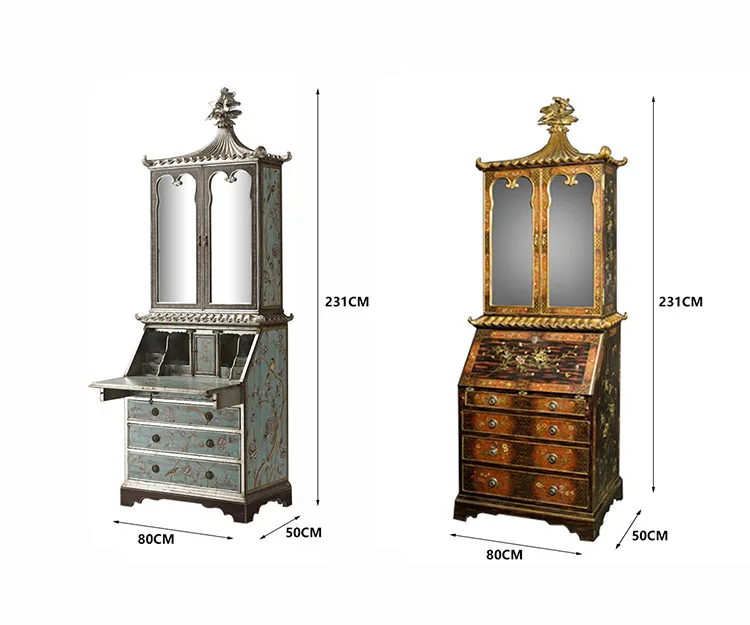 Yips LDF-1210-0319/LDC-1211-0032 European Style Handpainted Floral Pattern Antique-look Secretary Bookcase