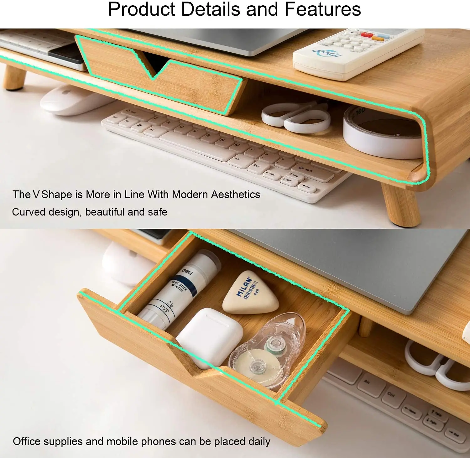 2022 Wood Bamboo Dual Computer Monitor Riser Desktop Screen Laptop Monitor Stand