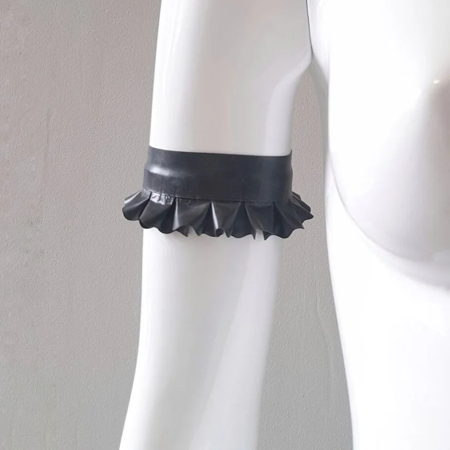 Sexy Black Latex Shirt Top Blouse Ruffles Neck with Front Press Stud