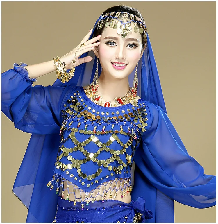 Long Sleeve Chiffon Crocheted Gold Sequins Blouses Top for Adult Lady belly dancing Performance Costumes