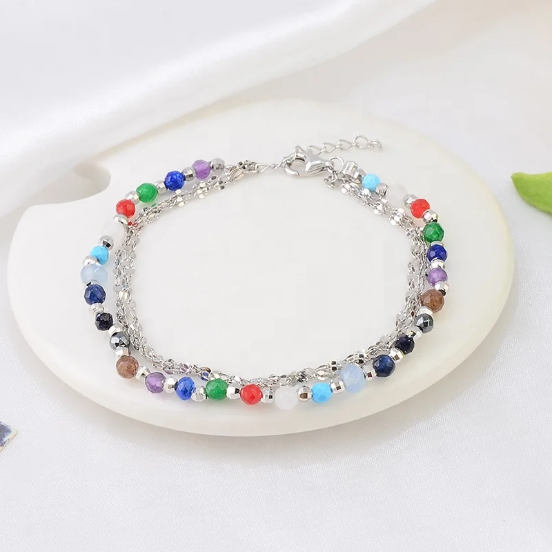 High Quality Rainbow Colorful Natural Irregular Stone Beads Lanyard With Link Chain 925 Silver Charm Bracelet For Women