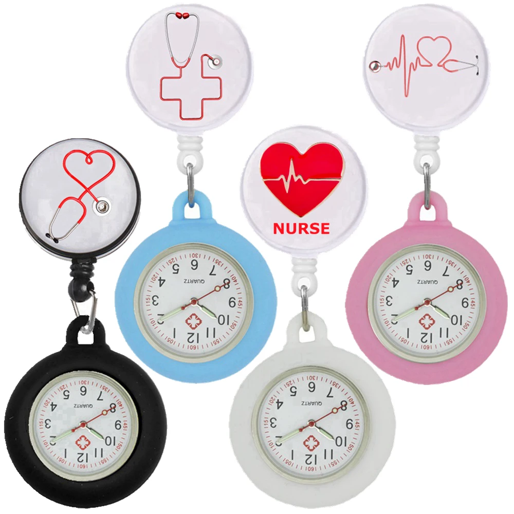 nurse doctor Stethoscope heart women ladies female cartoon pocket watches Retractable Reel ID Badge Glass Cabochon gift watches