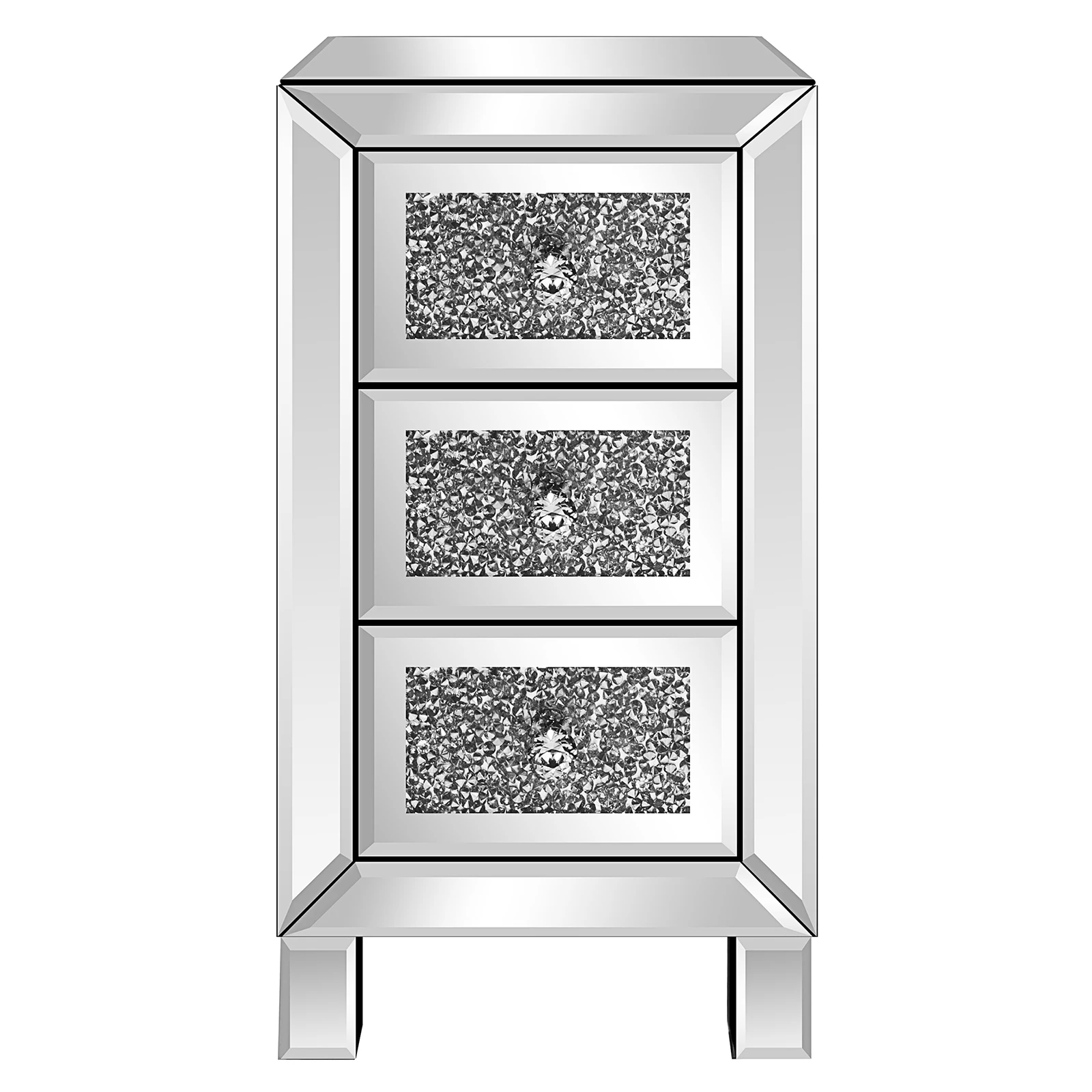 Bedroom Mirrored Furniture Contemporary Mirrored Nightstand with 3 Crystal Diamond Drawers for Bedroom Mirrored Bedside Table