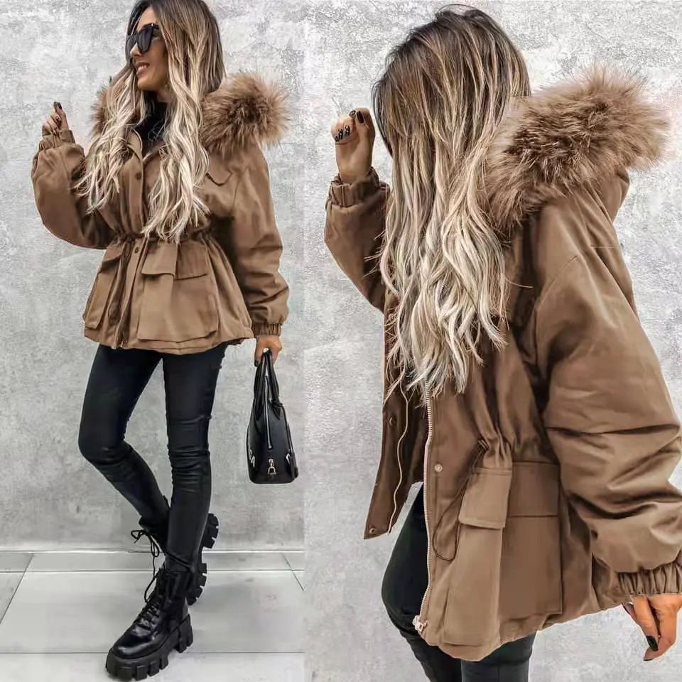 Wholesale fashion faux fur coat winter thick warm parker hooded jacket for women